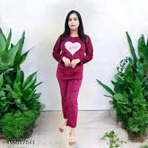 Women's woolen winter night suit (wine), long-sleeved printed pyjama top and bottom, made in India